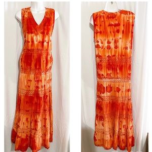 Shore Drive Orange Tie Dyed Lace Inset Sleeveless Maxie Dress Size Small